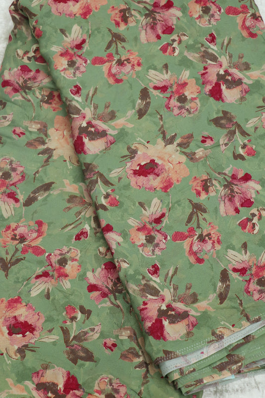 Light Sage Green With Pink & Purple Floral Printed crepe Fabric