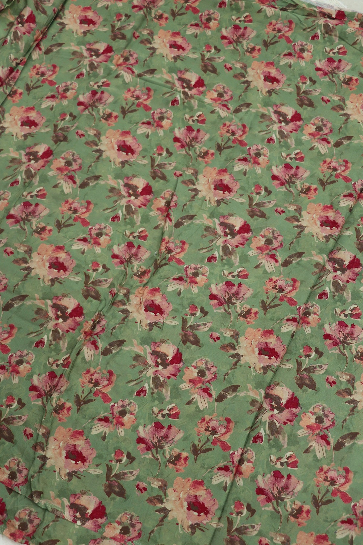 Light Sage Green With Pink & Purple Floral Printed crepe Fabric
