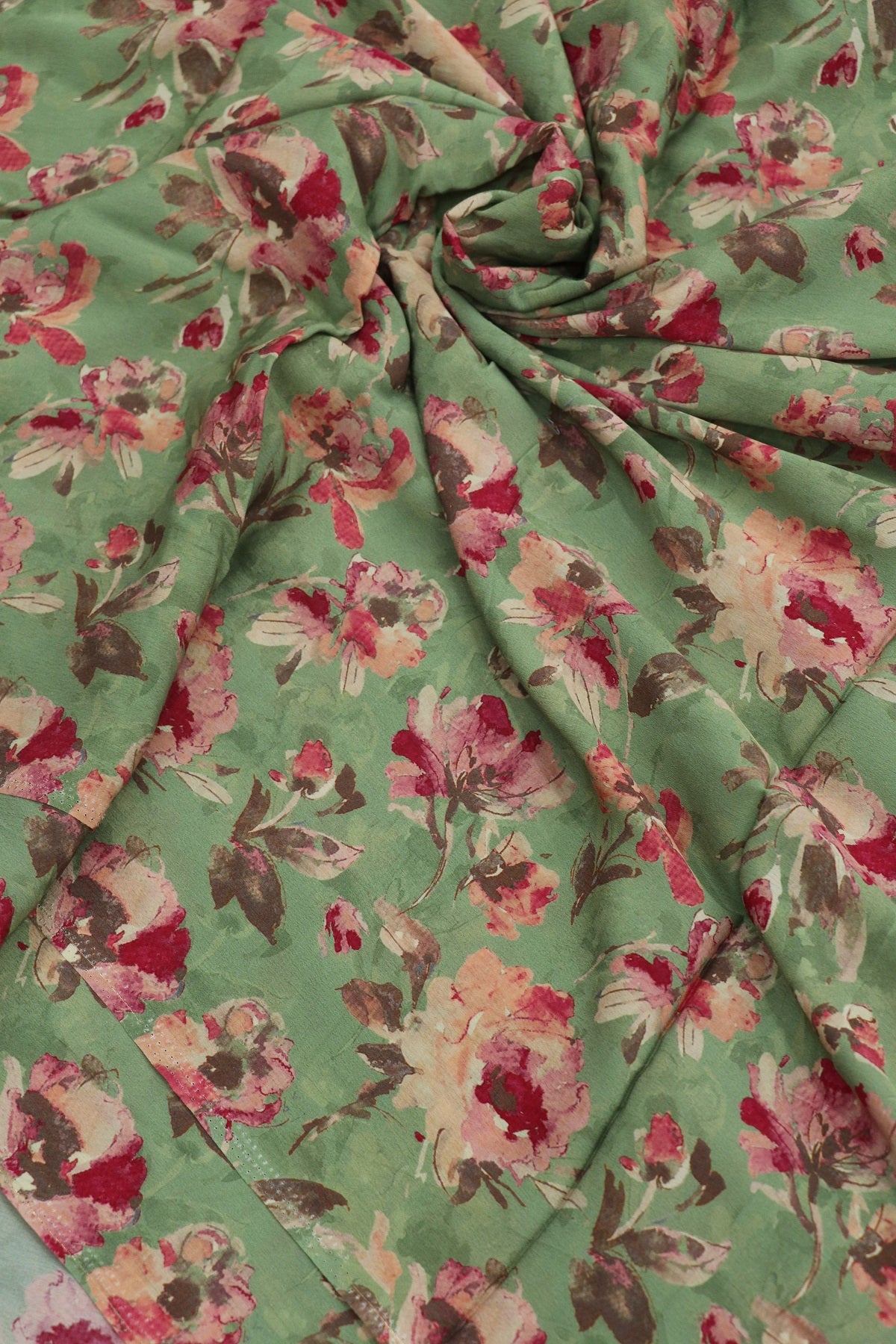 Light Sage Green With Pink & Purple Floral Printed crepe Fabric