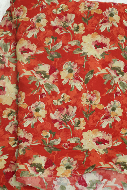 Red Printed Crepe With Pink, Peach & Cream Floral Fabric