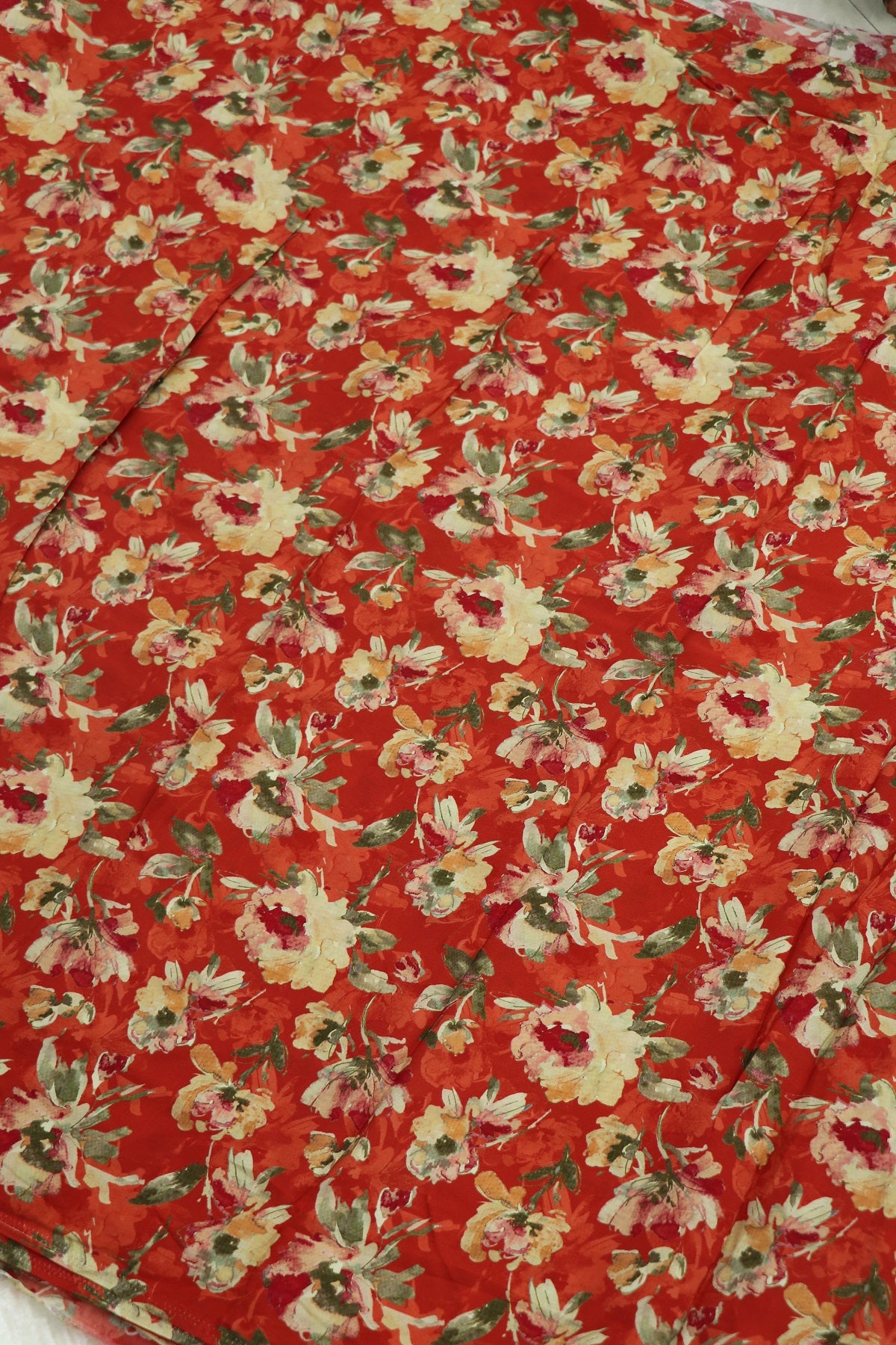 Red Printed Crepe With Pink, Peach & Cream Floral Fabric