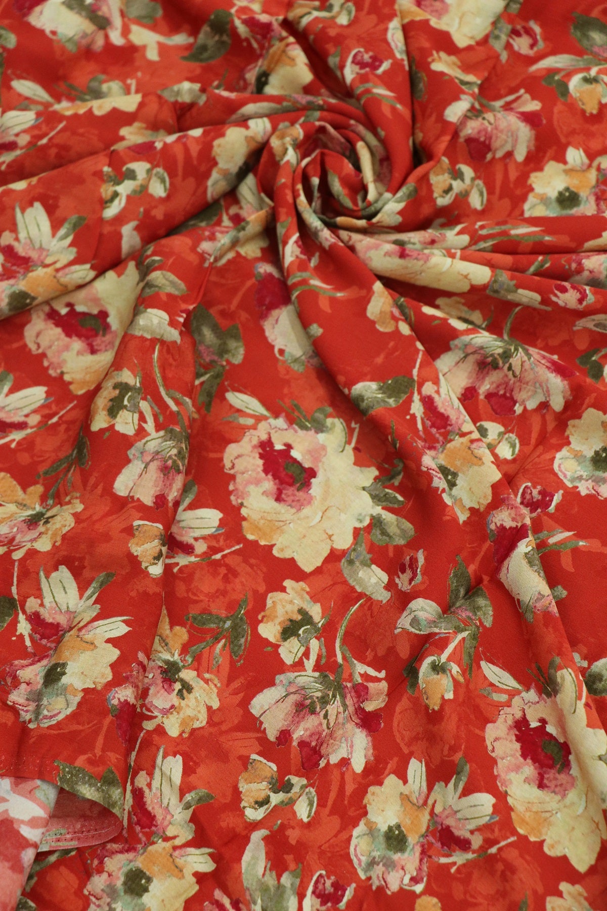 Red Printed Crepe With Pink, Peach & Cream Floral Fabric