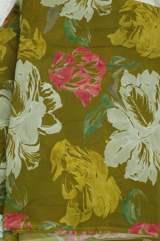 Olive Green With White, Pink & Yellow Floral Printed crepe Fabric