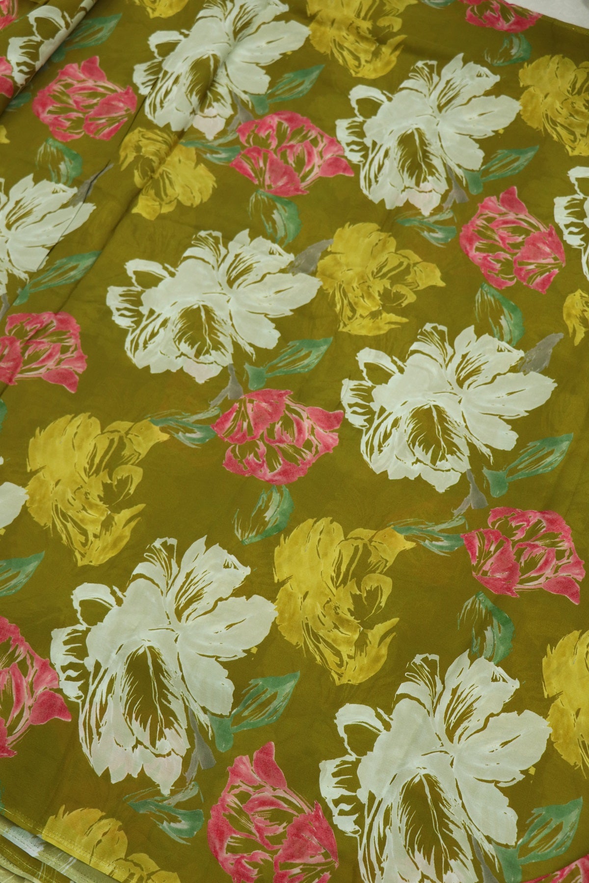 Olive Green With White, Pink & Yellow Floral Printed crepe Fabric