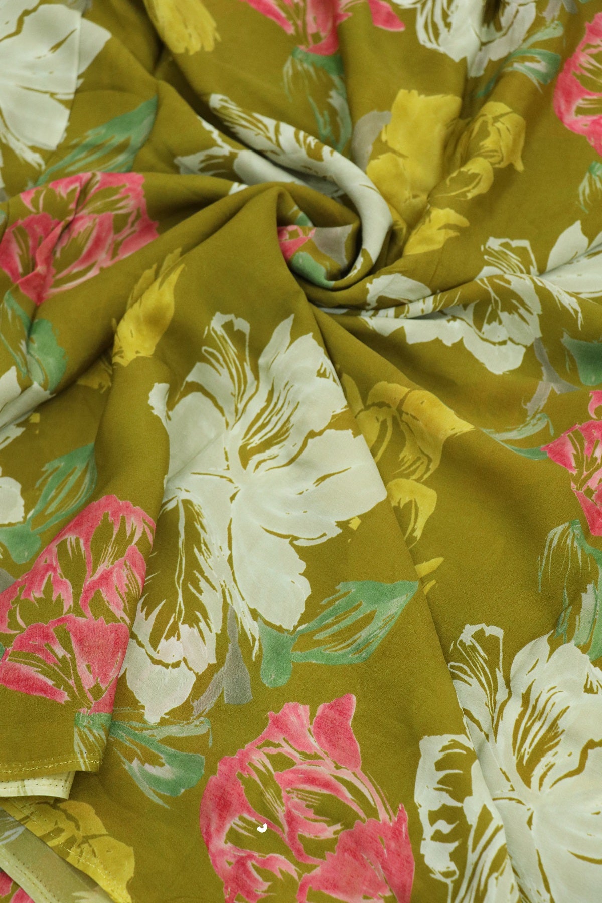 Olive Green With White, Pink & Yellow Floral Printed crepe Fabric