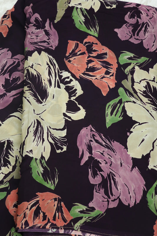Stylized Floral Printed Crepe Fabric With Purple & Coral Pink Colors