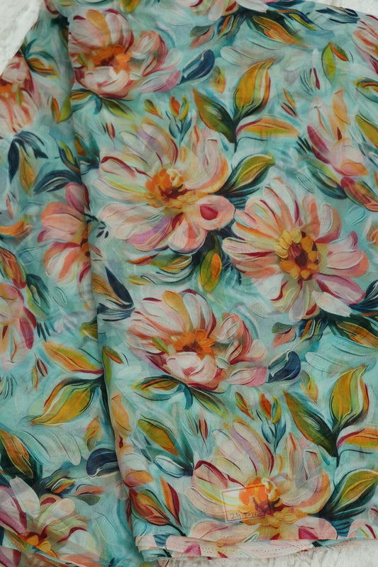 Celeste Blue With Peach & Sunset Yellow Floral Printed Georgette Fabric