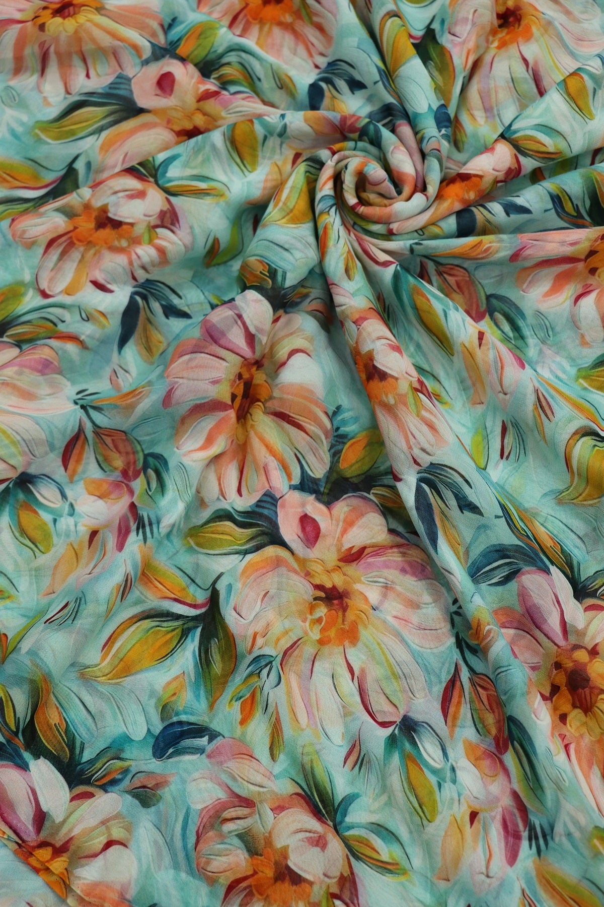 Celeste Blue With Peach & Sunset Yellow Floral Printed Georgette Fabric