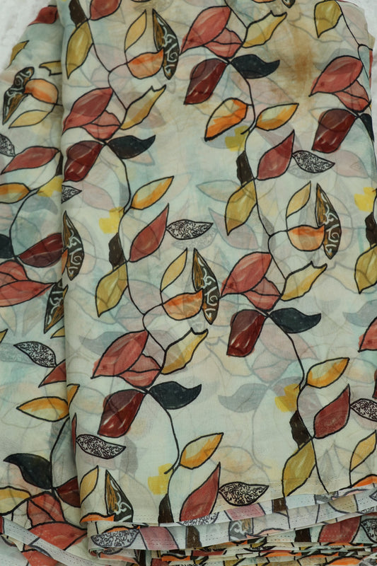 Daisy White With Hues Of Brown & Peach Leafs  Printed Georgette Fabric