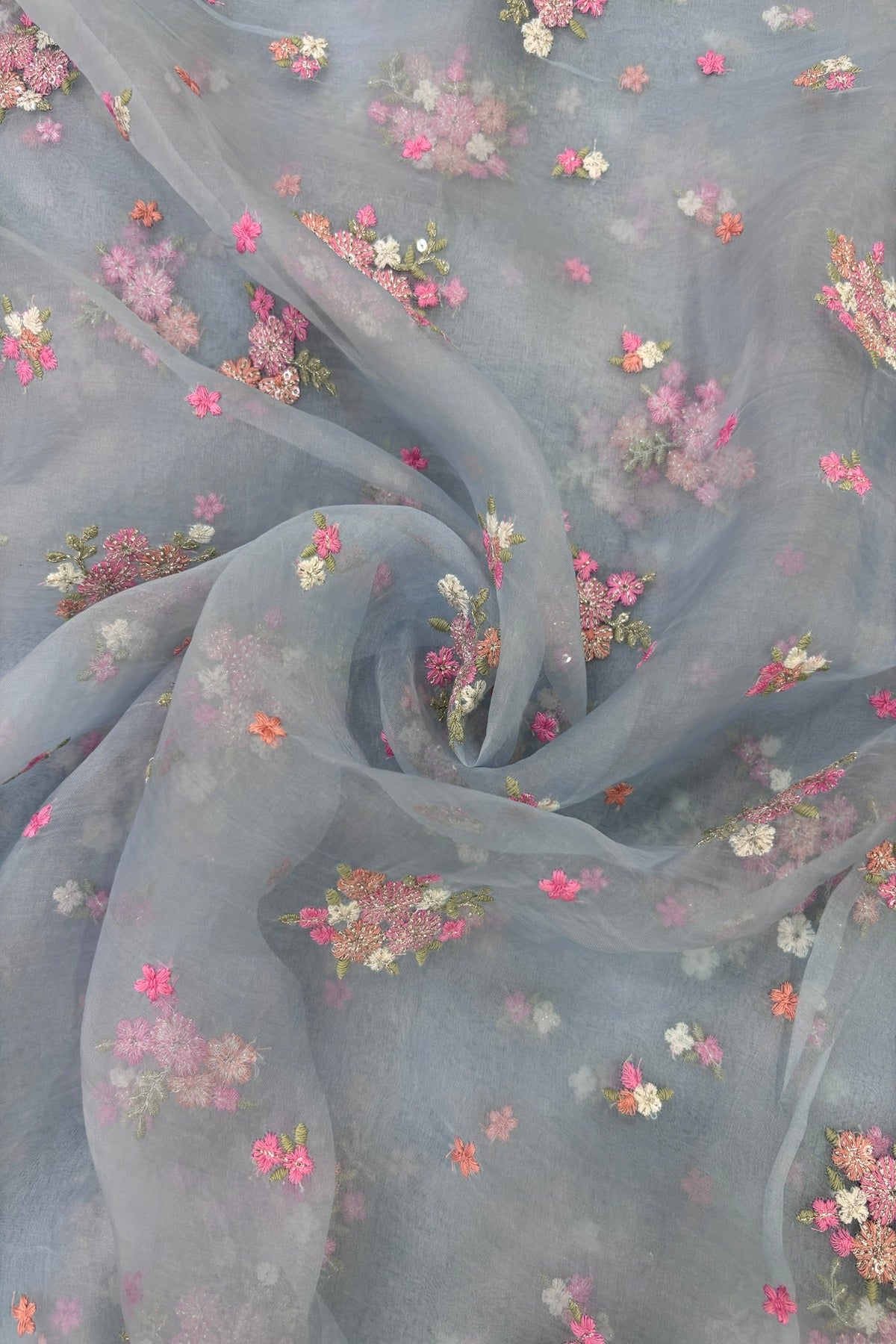 Posy Floral Embroidery With High Lighted Sequins Pure Organza Fabric