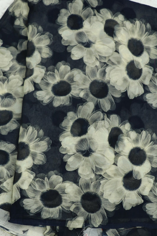 Liberty Blue With Hues of Daisy White Floral Printed Georgette Fabric