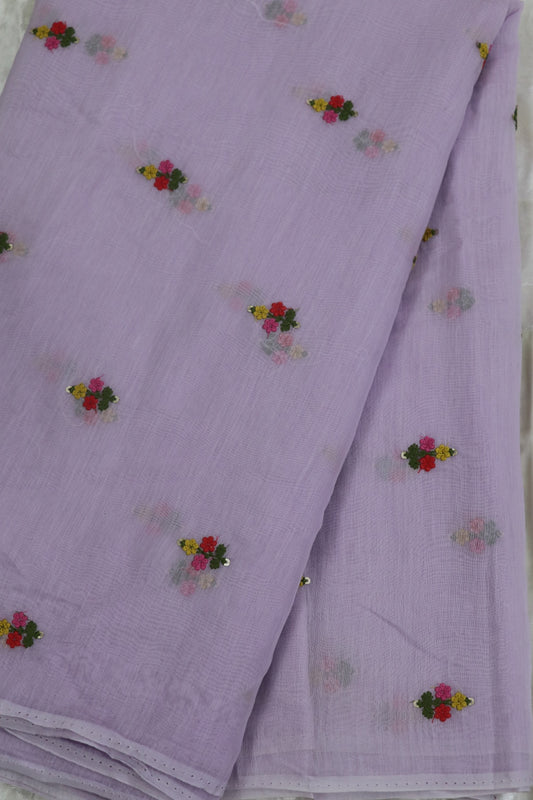 Pure Mul Chanderi With Yellow,Pink & Red Threads Embroidered Fabric