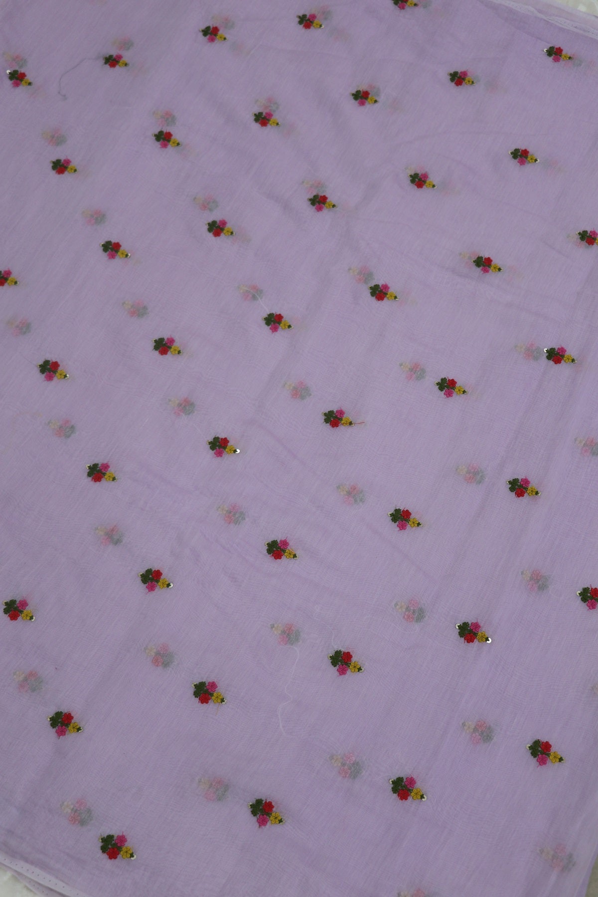 Pure Mul Chanderi With Yellow,Pink & Red Threads Embroidered Fabric
