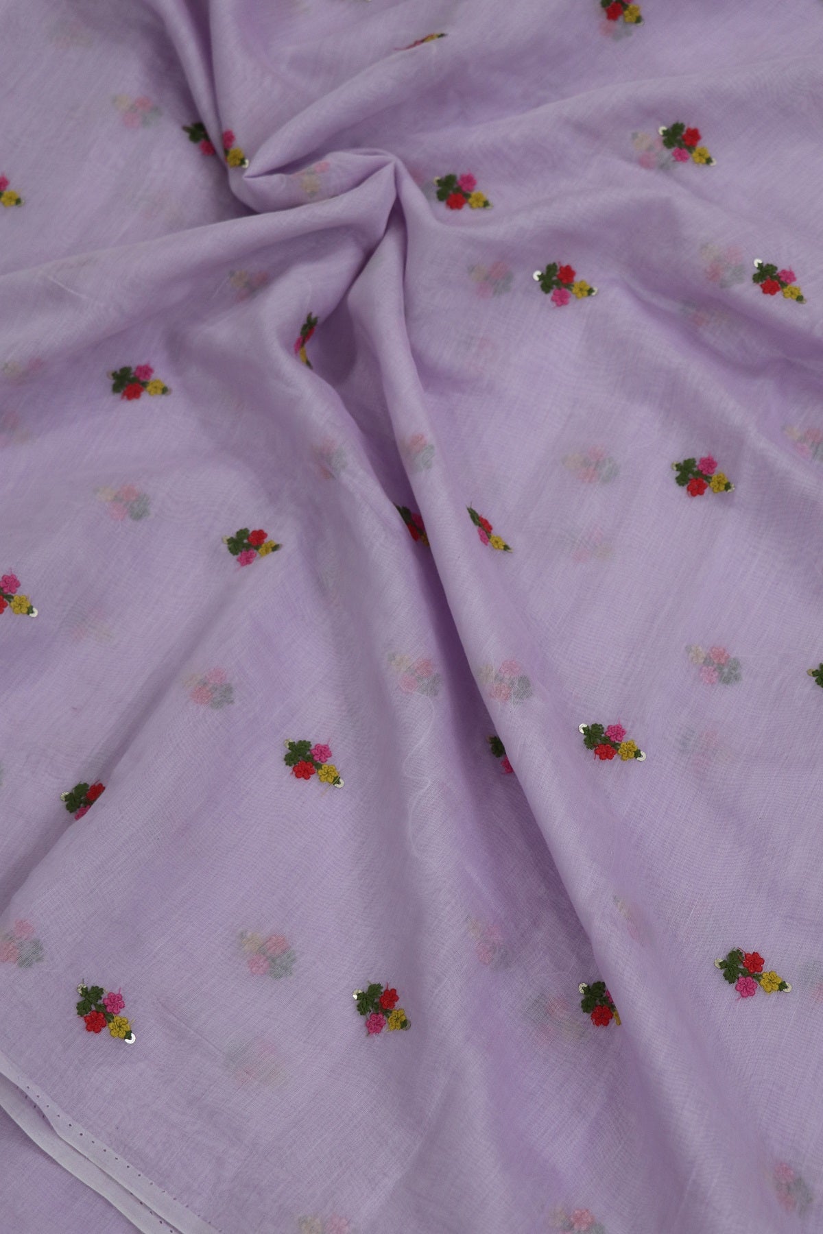 Pure Mul Chanderi With Yellow,Pink & Red Threads Embroidered Fabric