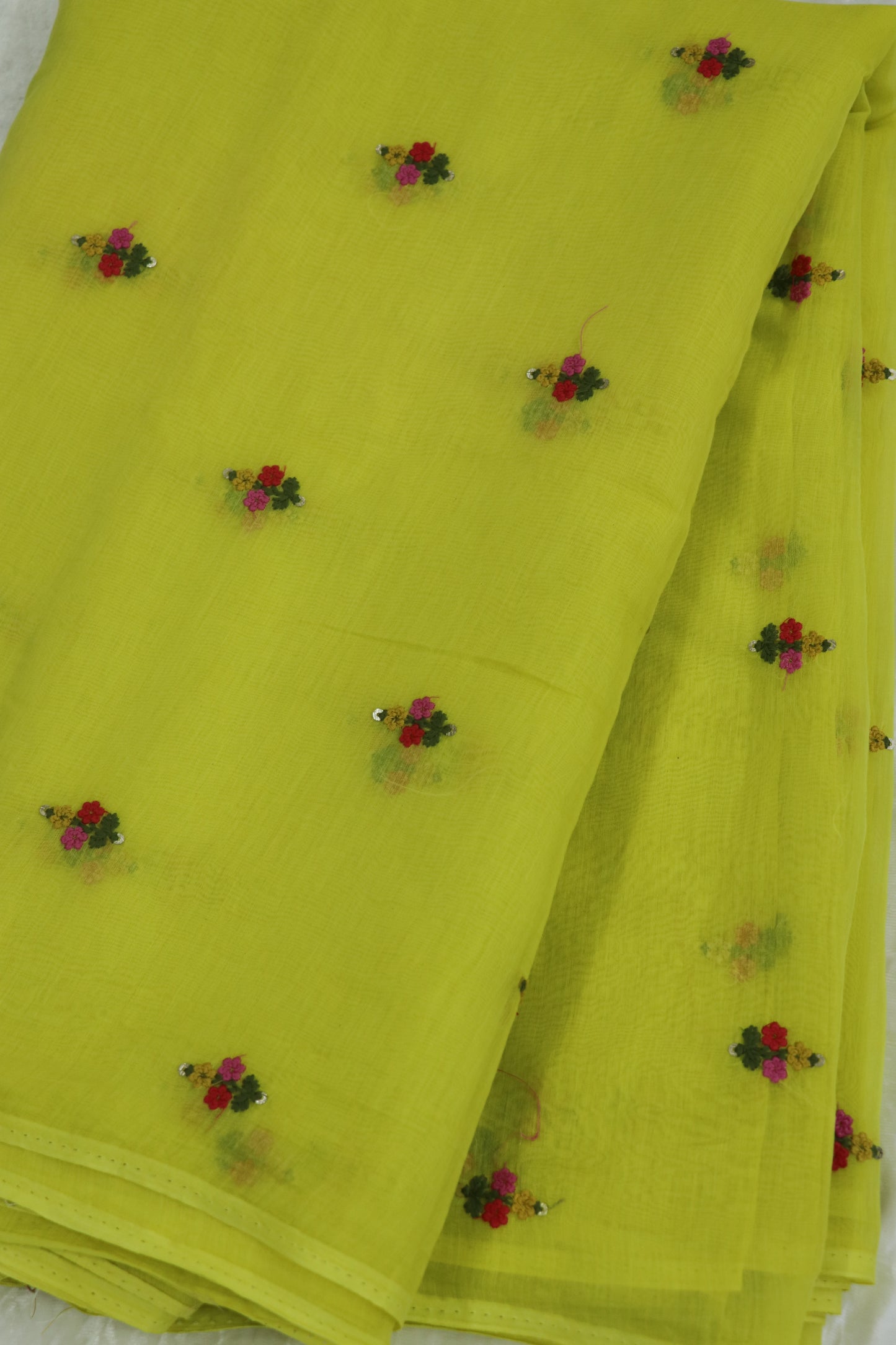 Pure Mul Chanderi With Yellow,Pink & Red Threads Embroidered Fabric
