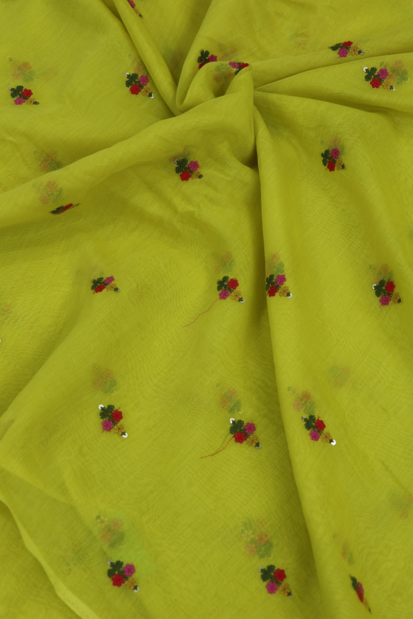 Pure Mul Chanderi With Yellow,Pink & Red Threads Embroidered Fabric