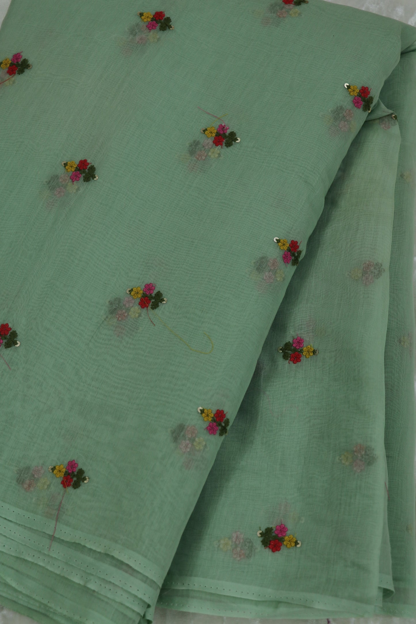 Pure Mul Chanderi With Yellow,Pink & Red Threads Embroidered Fabric