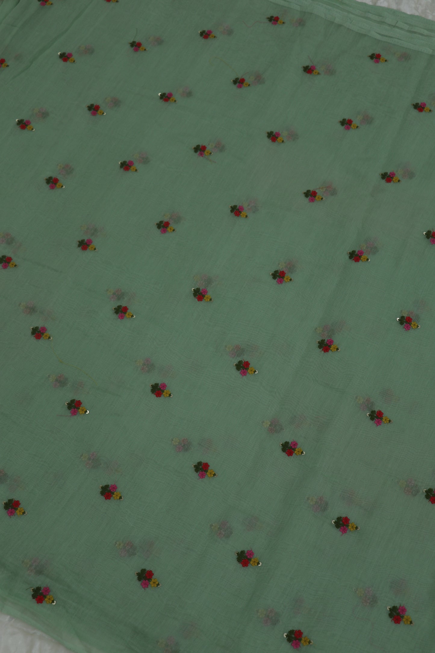Pure Mul Chanderi With Yellow,Pink & Red Threads Embroidered Fabric