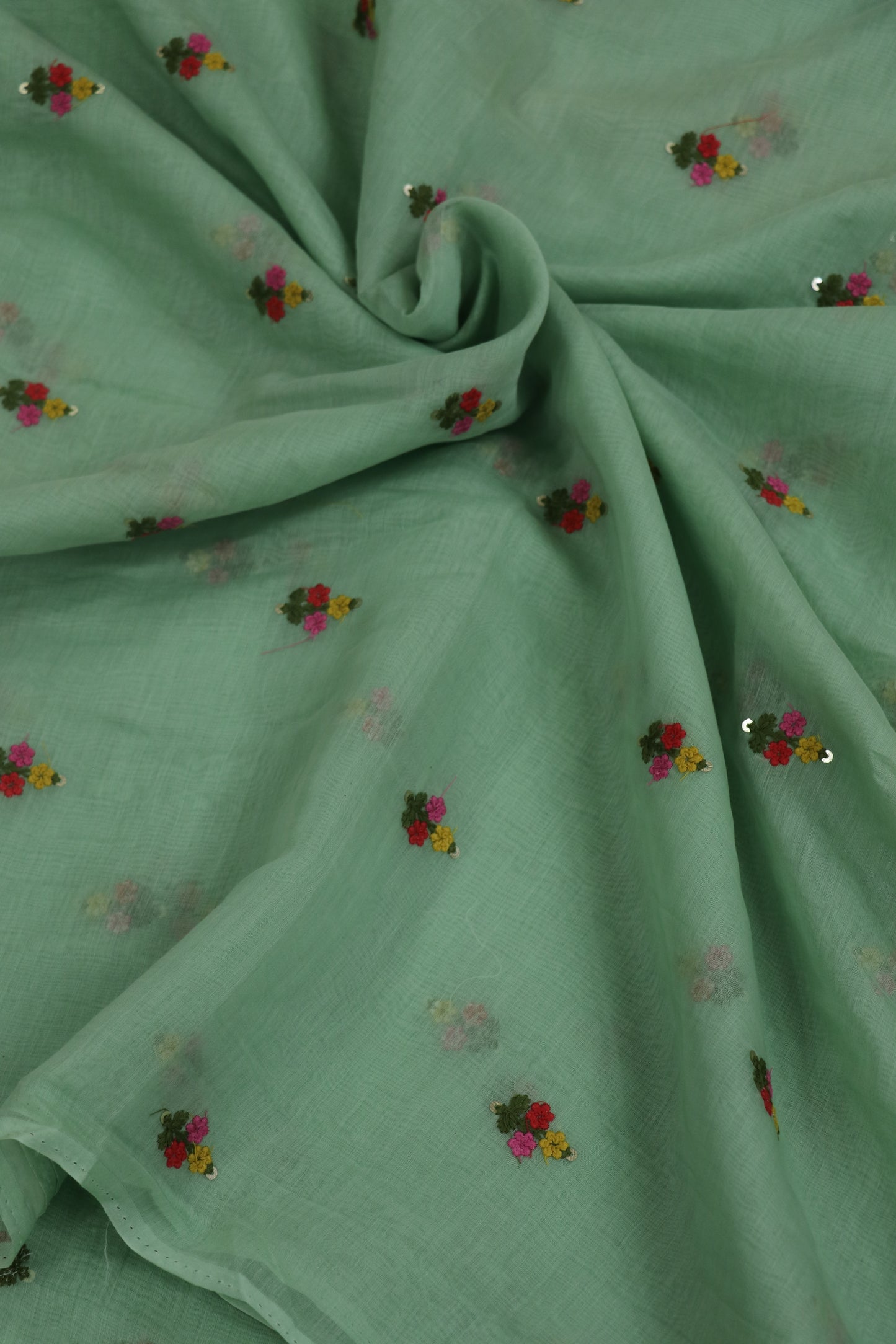 Pure Mul Chanderi With Yellow,Pink & Red Threads Embroidered Fabric
