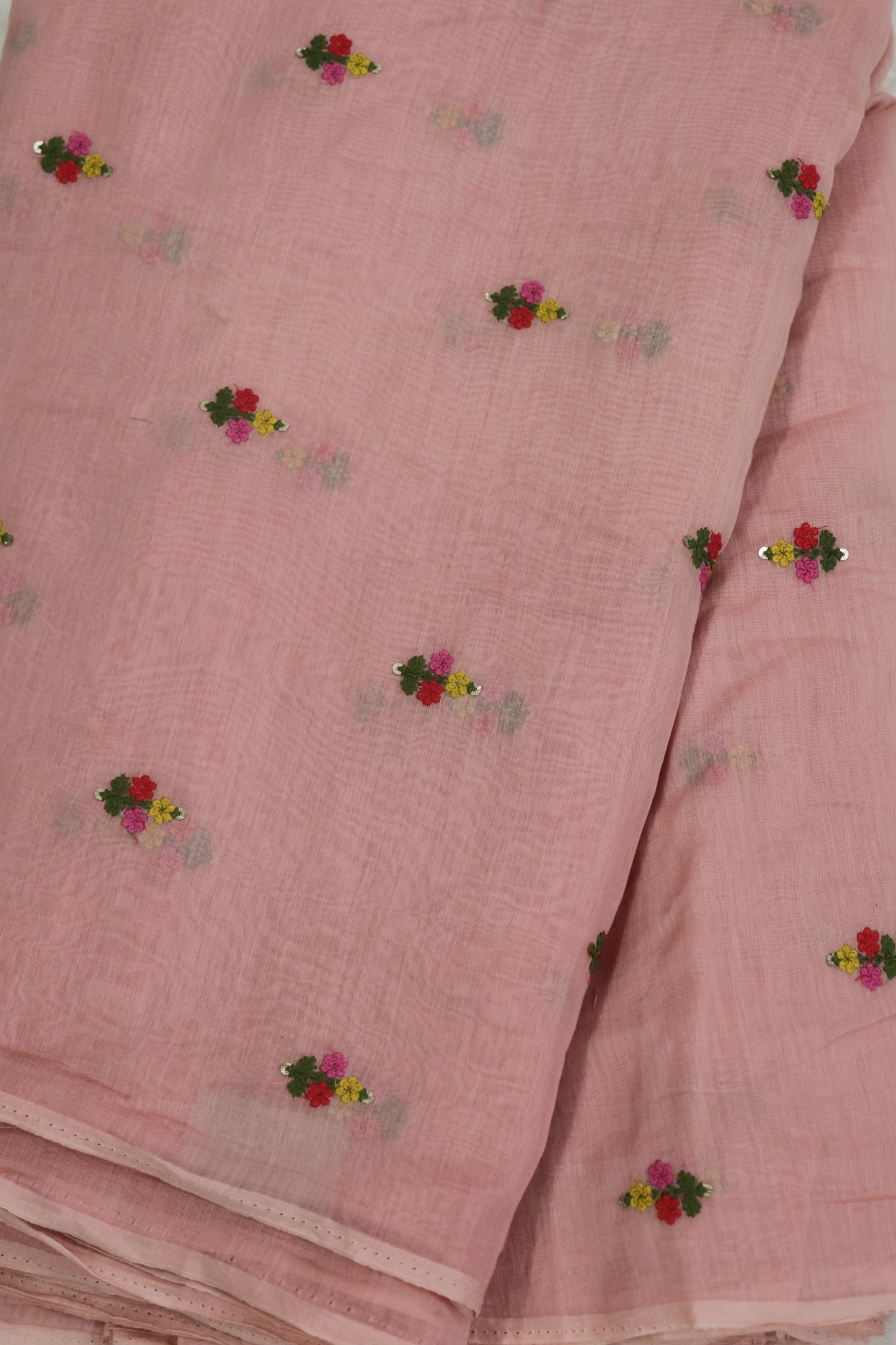 Pure Mul Chanderi With Yellow,Pink & Red Threads Embroidered Fabric