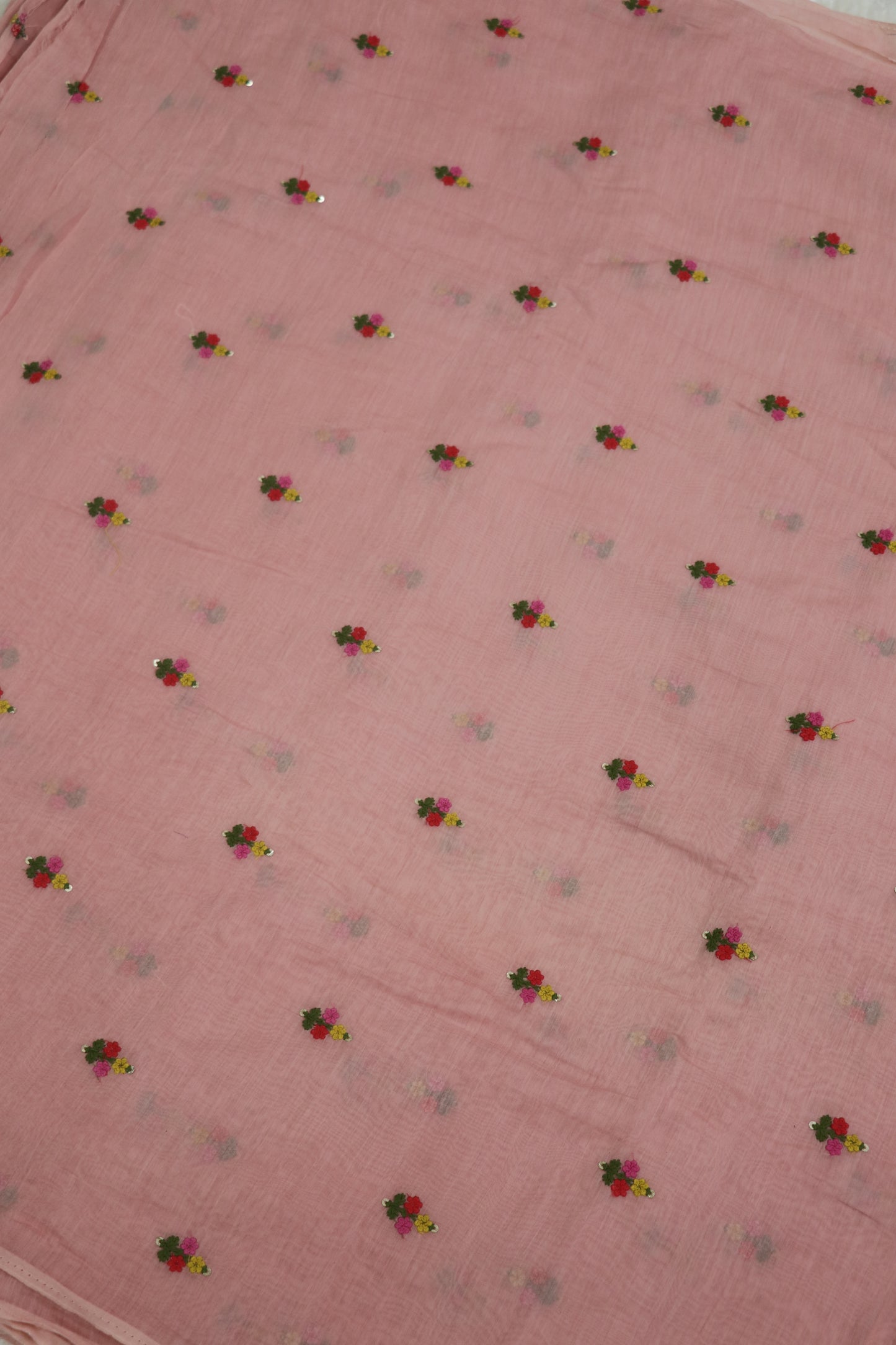 Pure Mul Chanderi With Yellow,Pink & Red Threads Embroidered Fabric