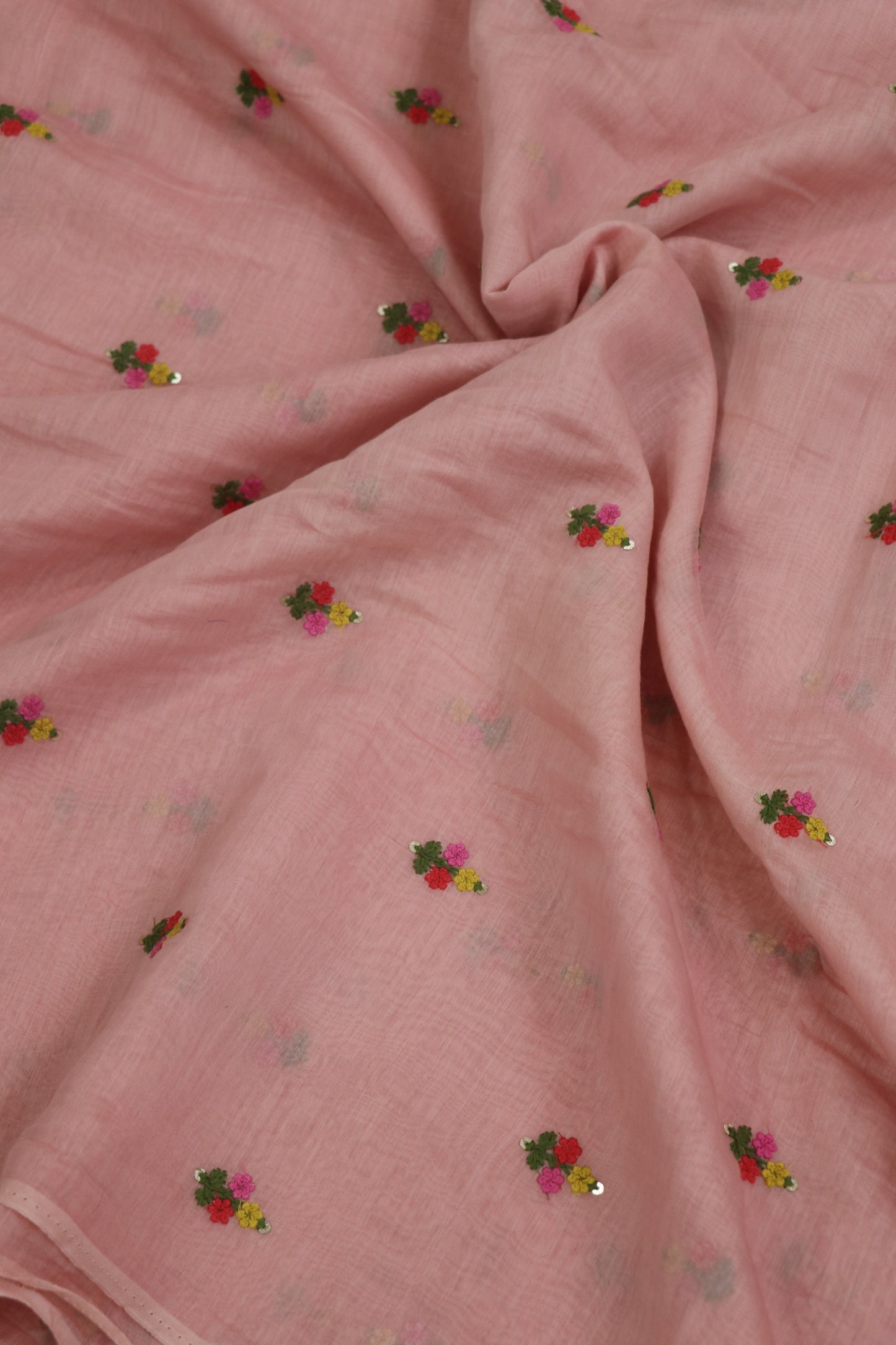 Pure Mul Chanderi With Yellow,Pink & Red Threads Embroidered Fabric