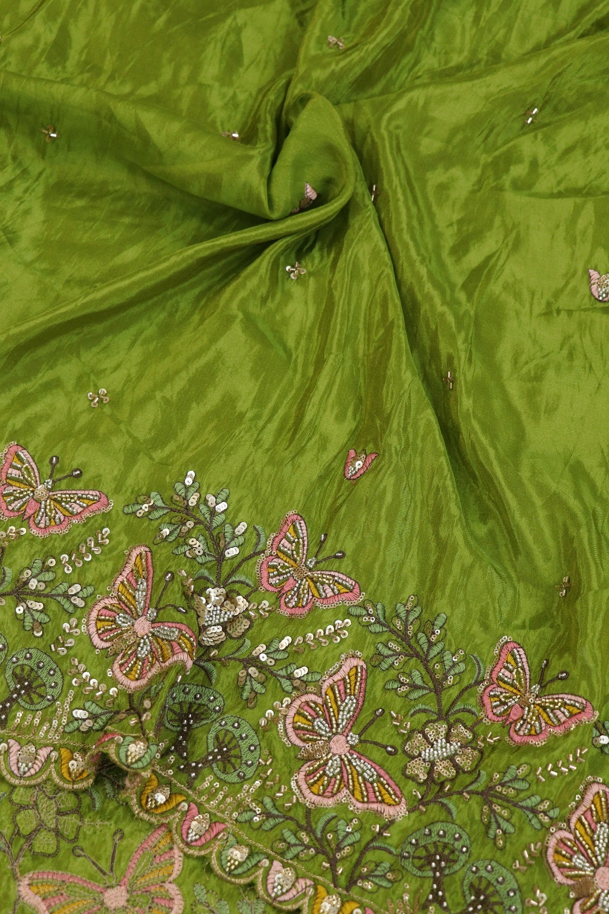 Uppada Tissue With Butterflies & Flowers Highlited With Cutbeads & Sequins