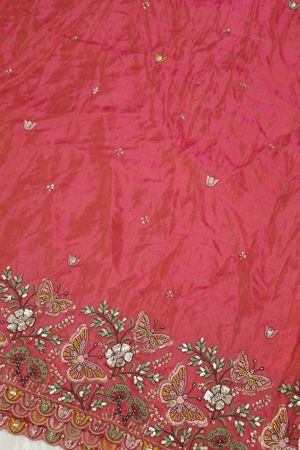 Uppada Tissue With Butterflies & Flowers Highlited With Cutbeads & Sequins