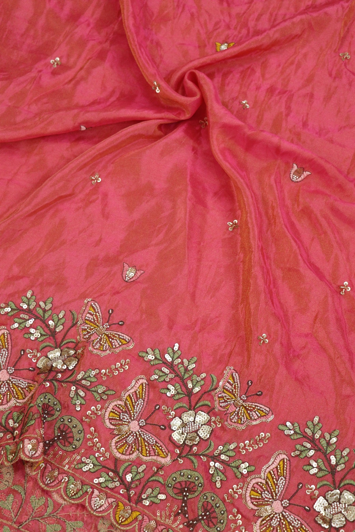 Uppada Tissue With Butterflies & Flowers Highlited With Cutbeads & Sequins