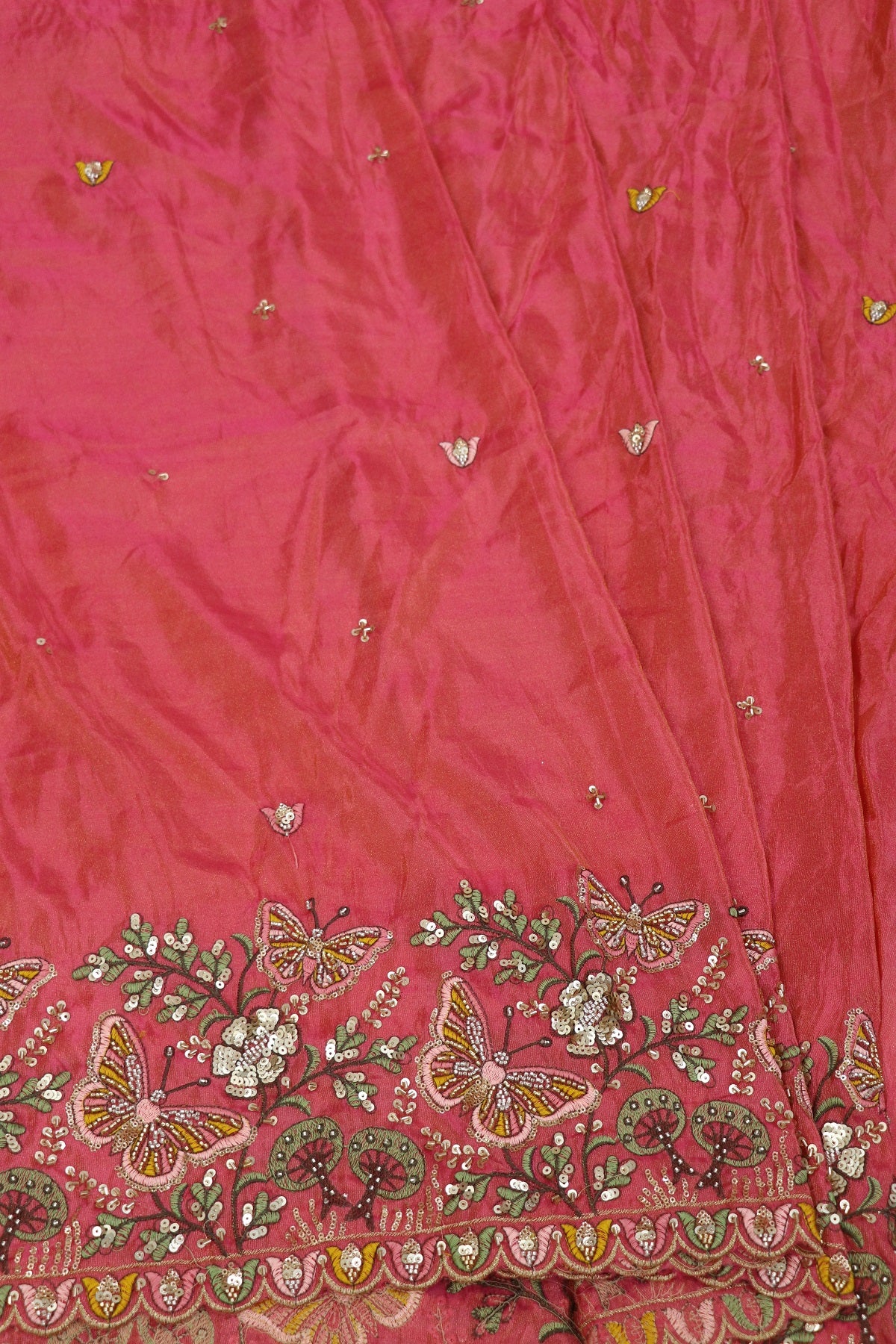 Uppada Tissue With Butterflies & Flowers Highlited With Cutbeads & Sequins
