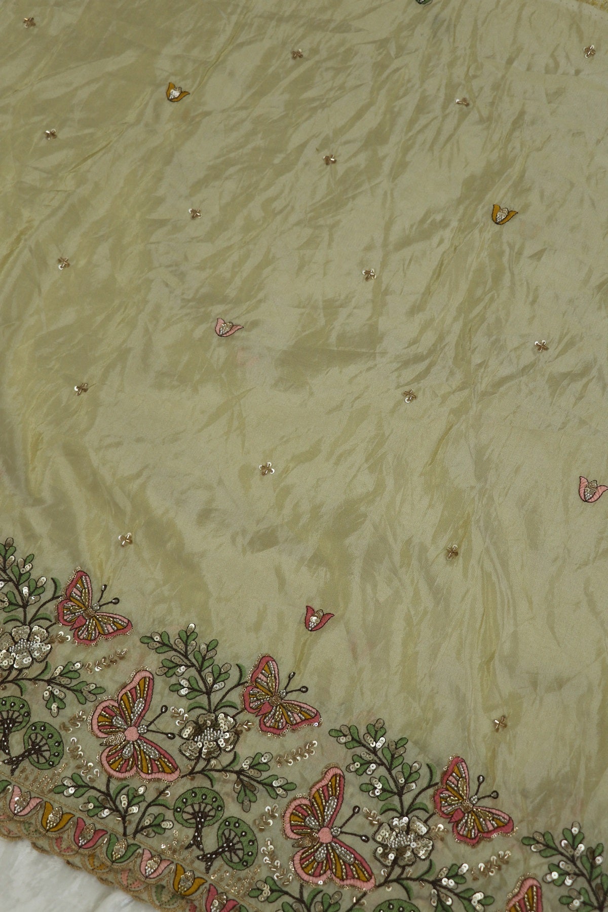 Uppada Tissue With Butterflies & Flowers Highlited With Cutbeads & Sequins