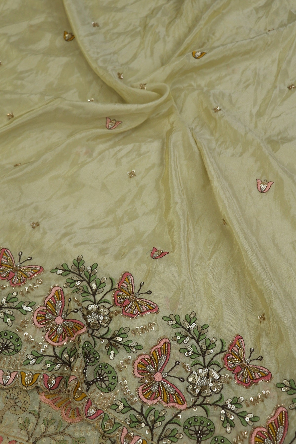 Uppada Tissue With Butterflies & Flowers Highlited With Cutbeads & Sequins