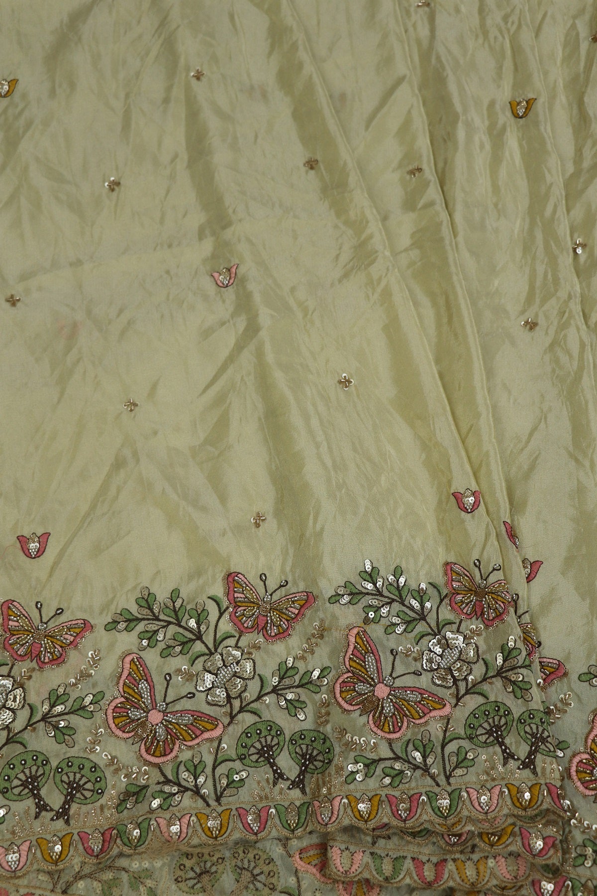 Uppada Tissue With Butterflies & Flowers Highlited With Cutbeads & Sequins
