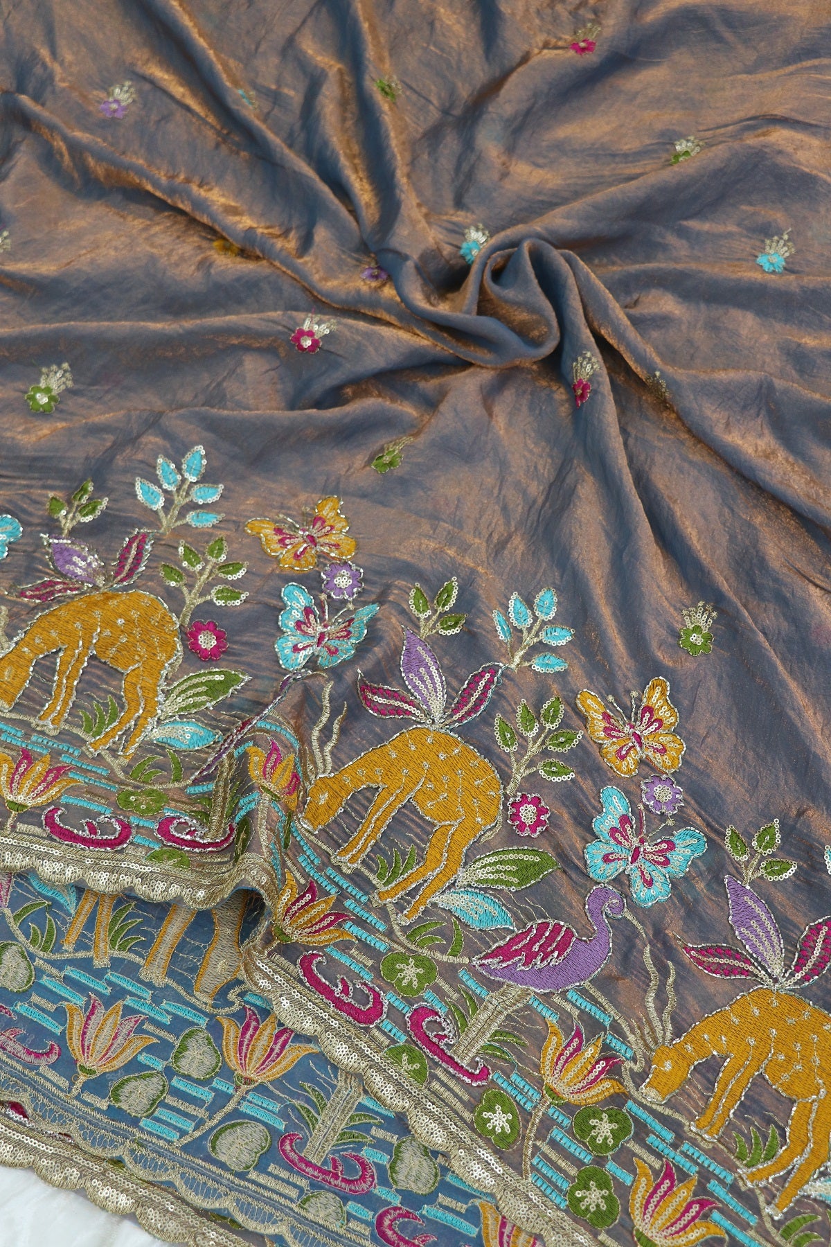 Space Silk Jungle Theme Embroidered Scalloped Lehengas