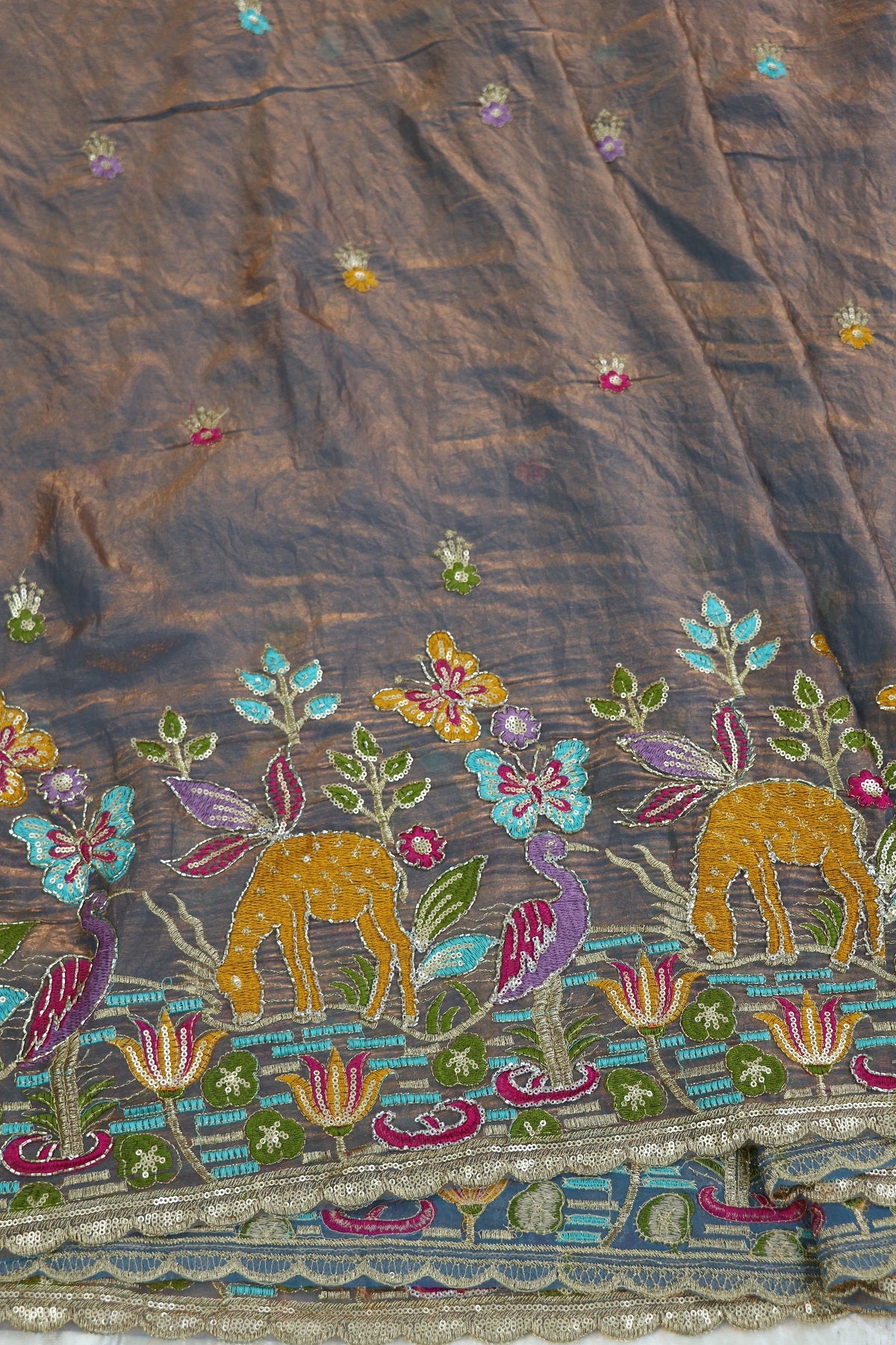 Space Silk Jungle Theme Embroidered Scalloped Lehengas