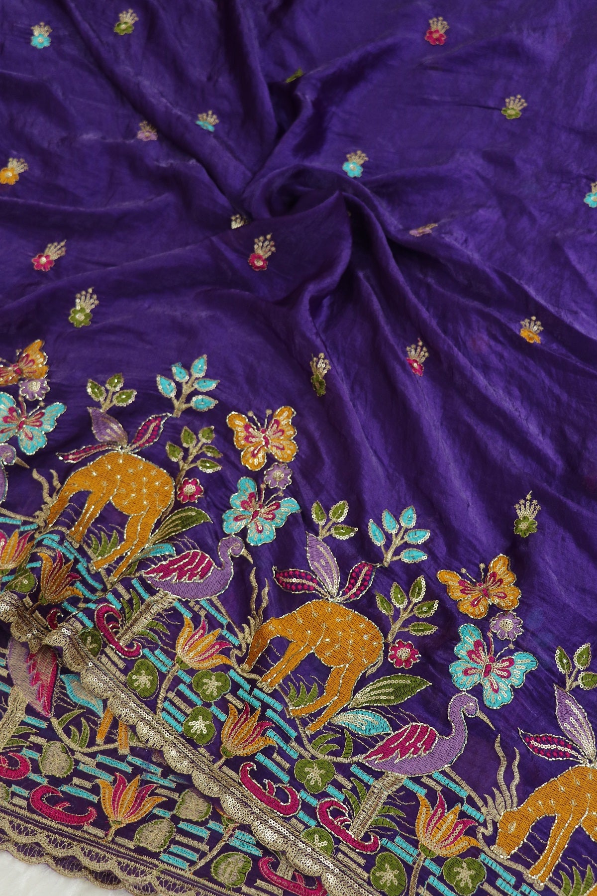 Space Silk Jungle Theme Embroidered Scalloped Lehengas