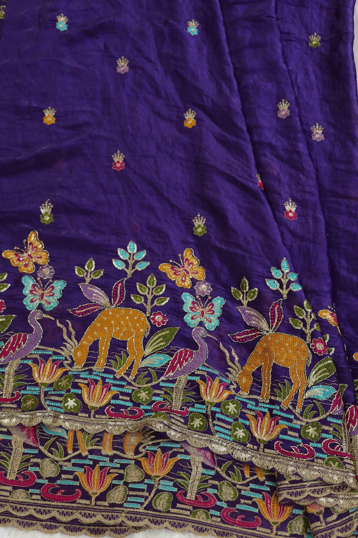 Space Silk Jungle Theme Embroidered Scalloped Lehengas
