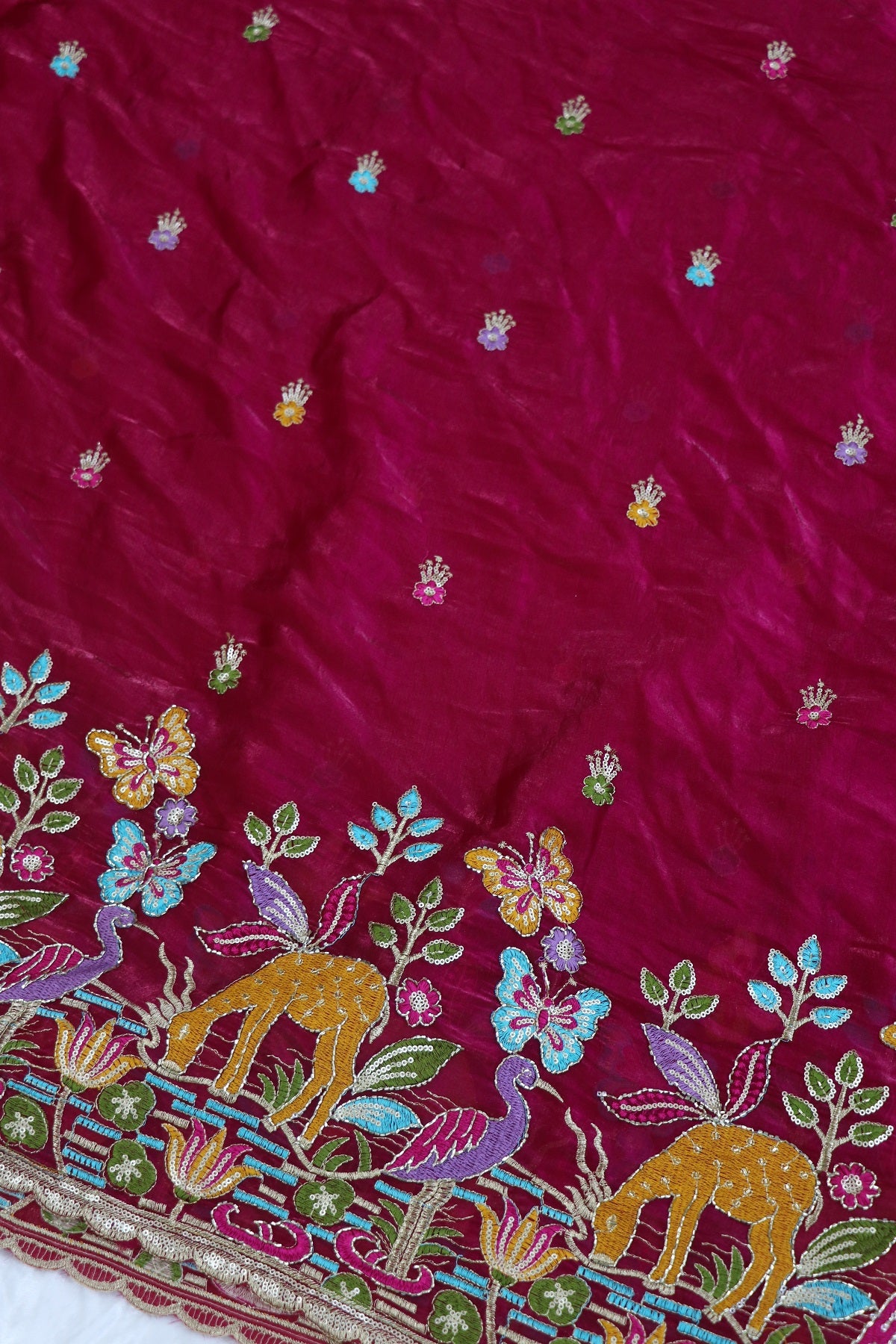 Space Silk Jungle Theme Embroidered Scalloped Lehengas