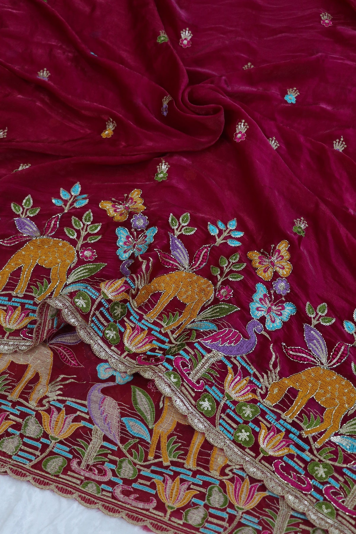 Space Silk Jungle Theme Embroidered Scalloped Lehengas