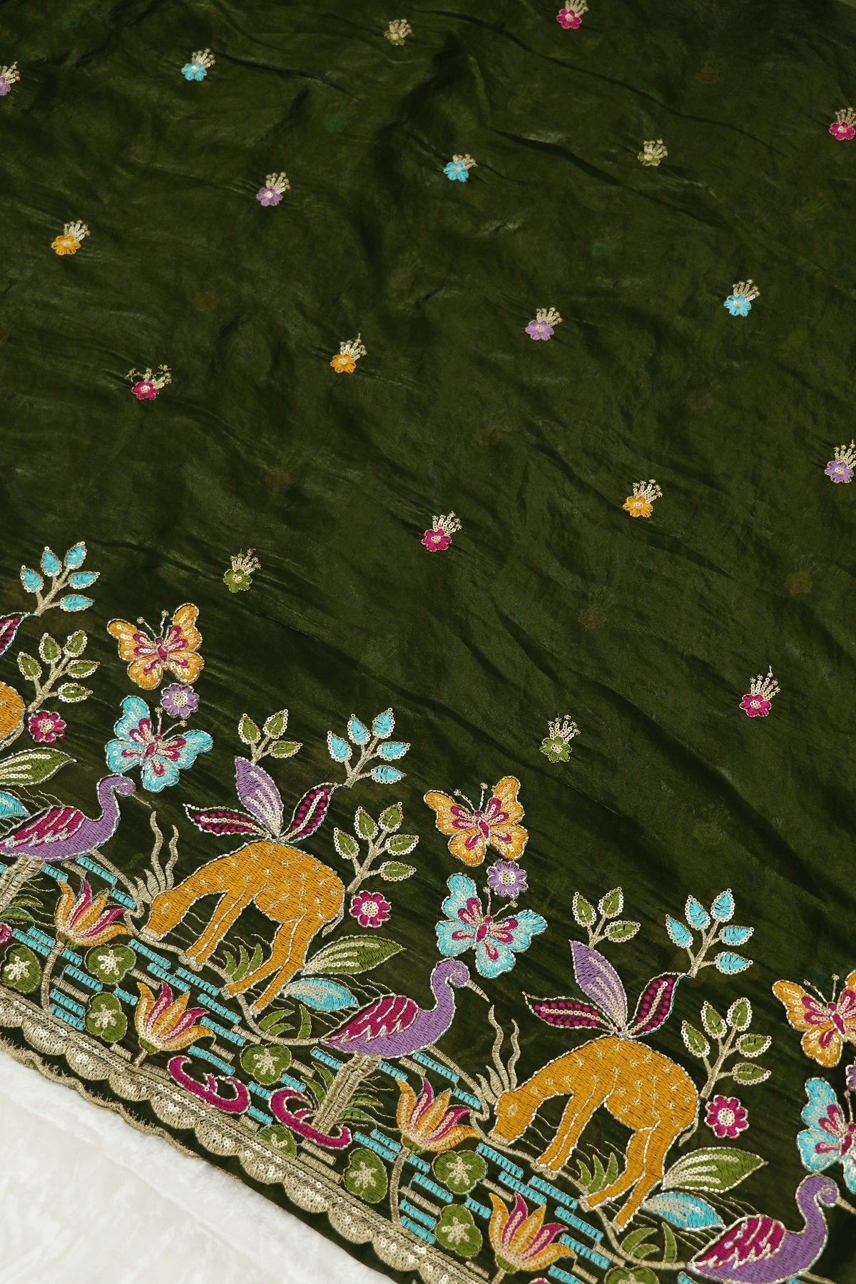 Space Silk Jungle Theme Embroidered Scalloped Lehengas
