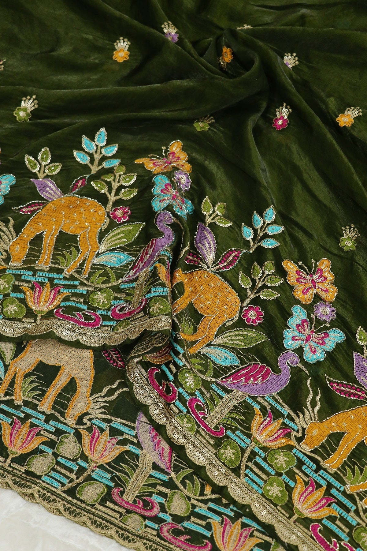 Space Silk Jungle Theme Embroidered Scalloped Lehengas