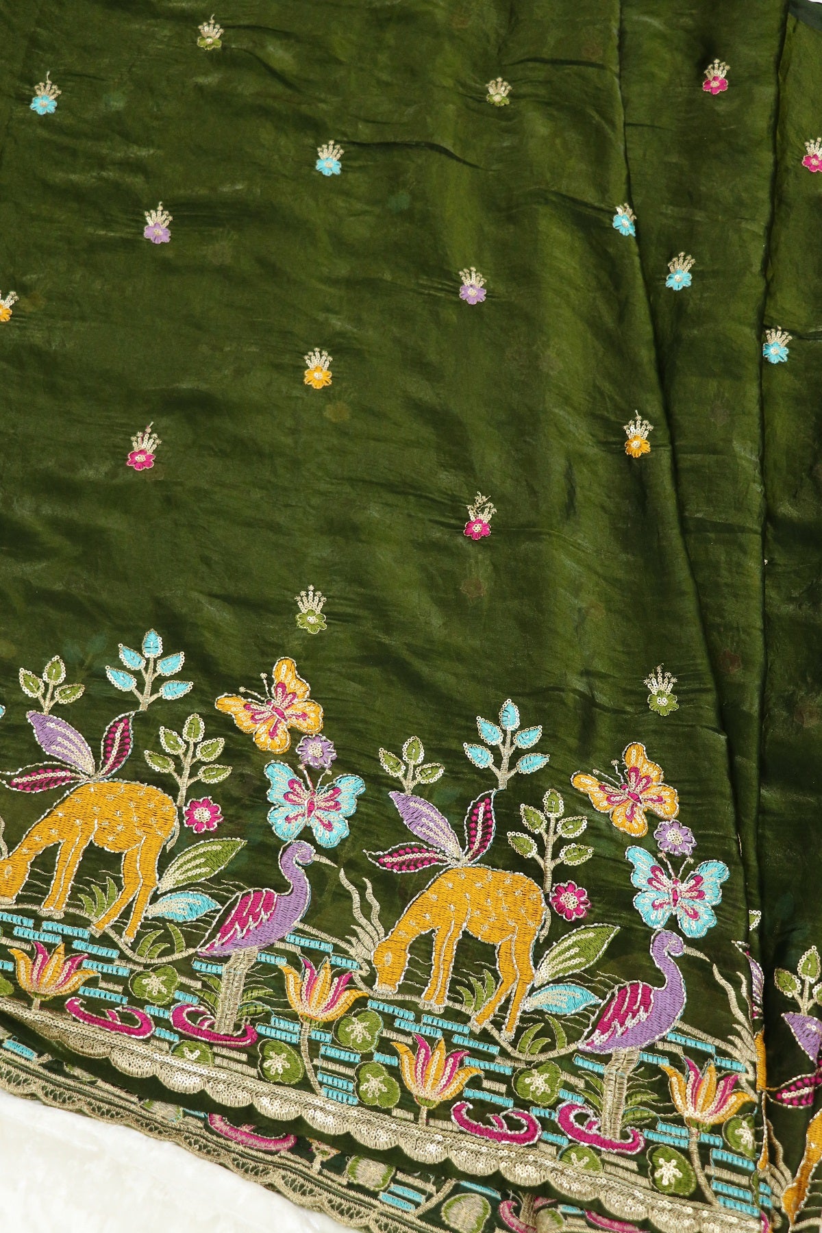 Space Silk Jungle Theme Embroidered Scalloped Lehengas