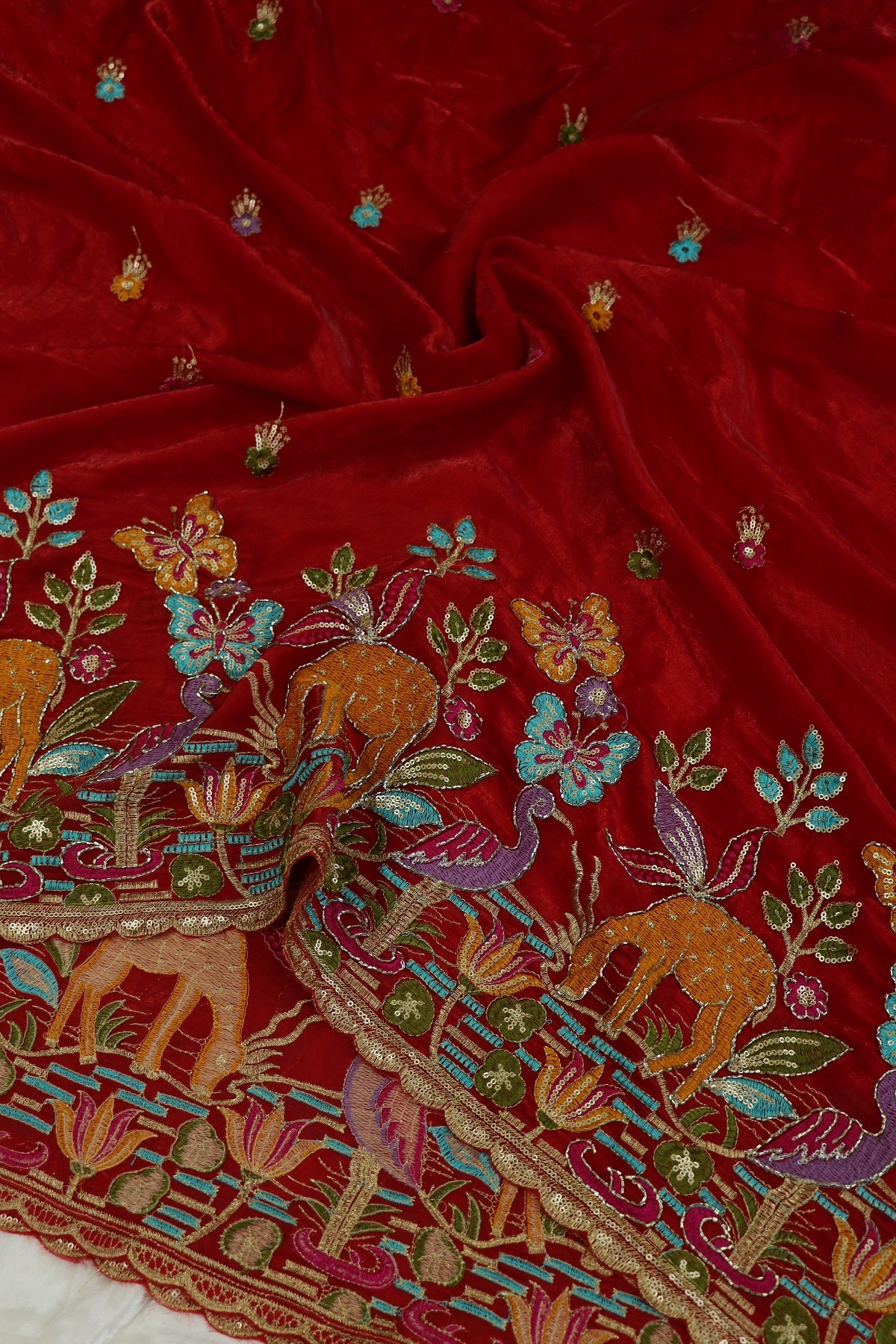 Space Silk Jungle Theme Embroidered Scalloped Lehengas