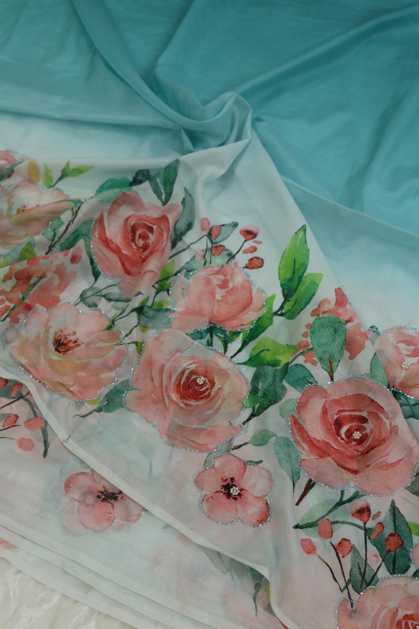 Silky Organza Floral Printed Fabric highlighted With Pearls & Cutbeads