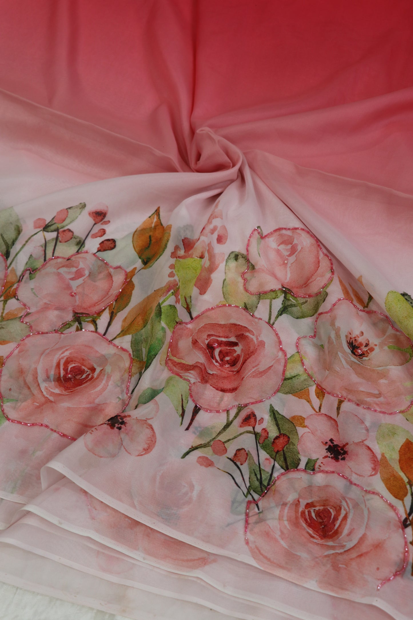 Silky Organza Floral Printed Fabric highlighted With Pearls & Cutbeads