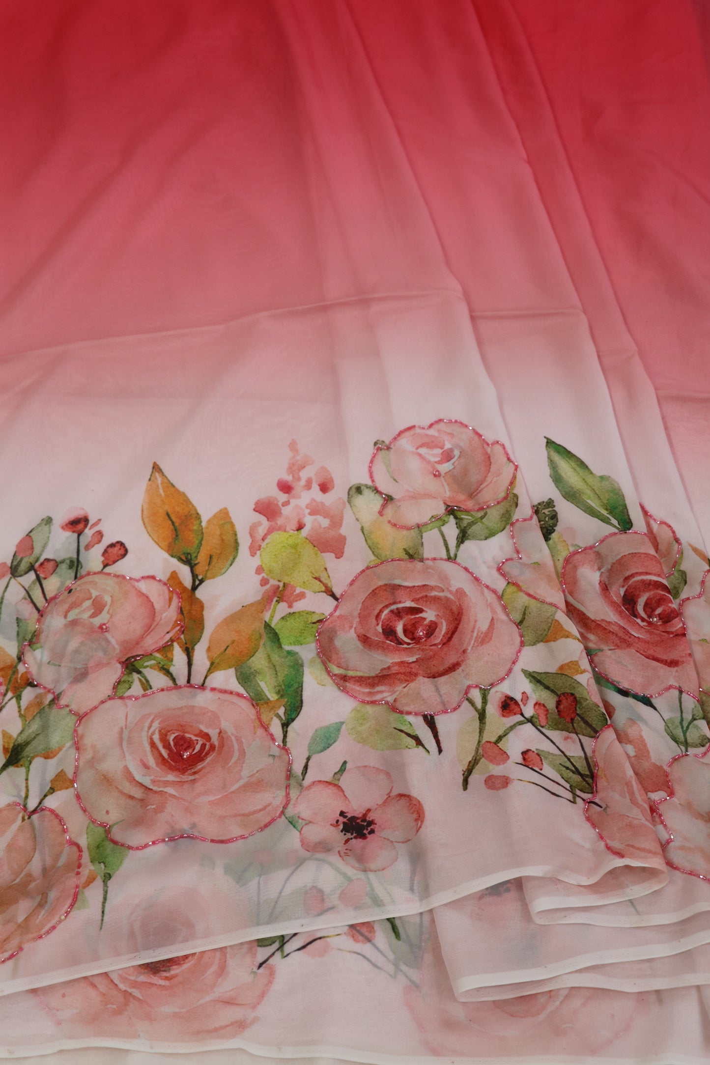 Silky Organza Floral Printed Fabric highlighted With Pearls & Cutbeads