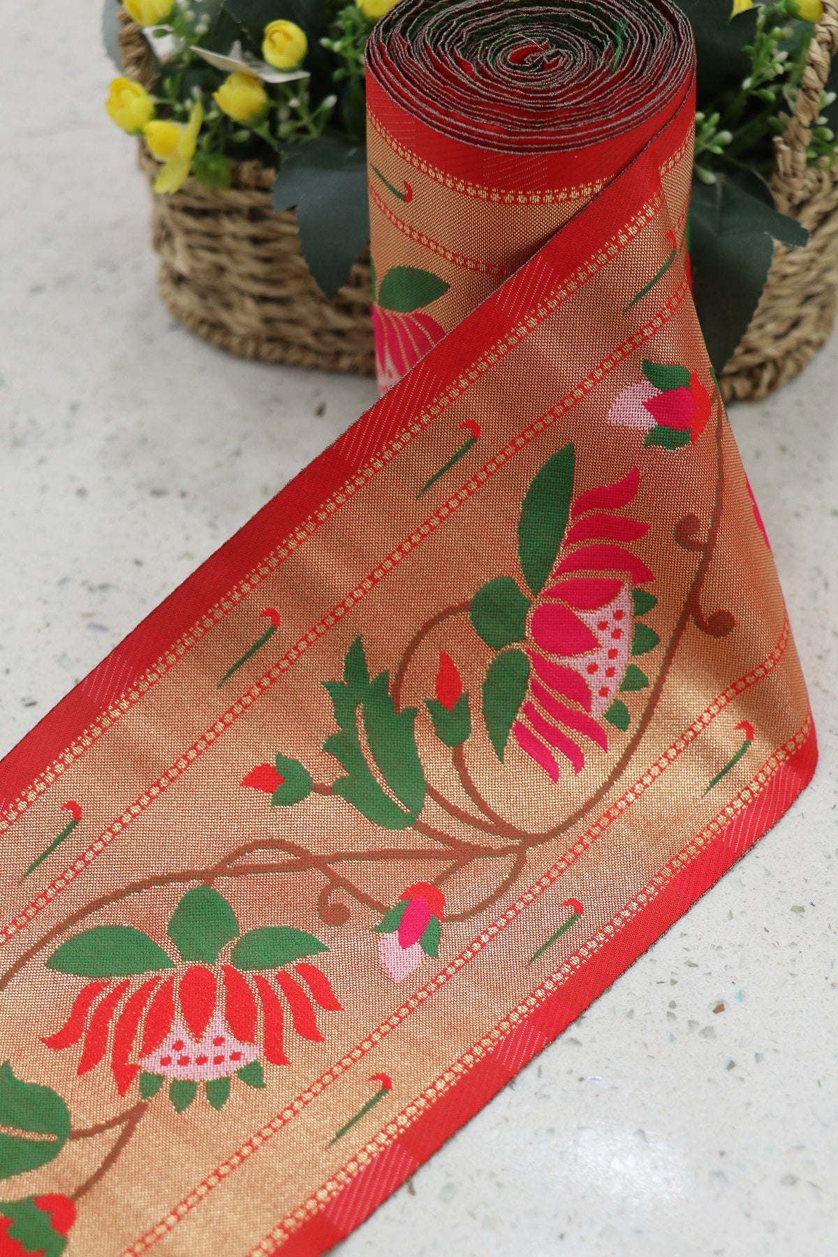 6.5 Inch Red Powerloom Paithani Lotus Jaal  Border