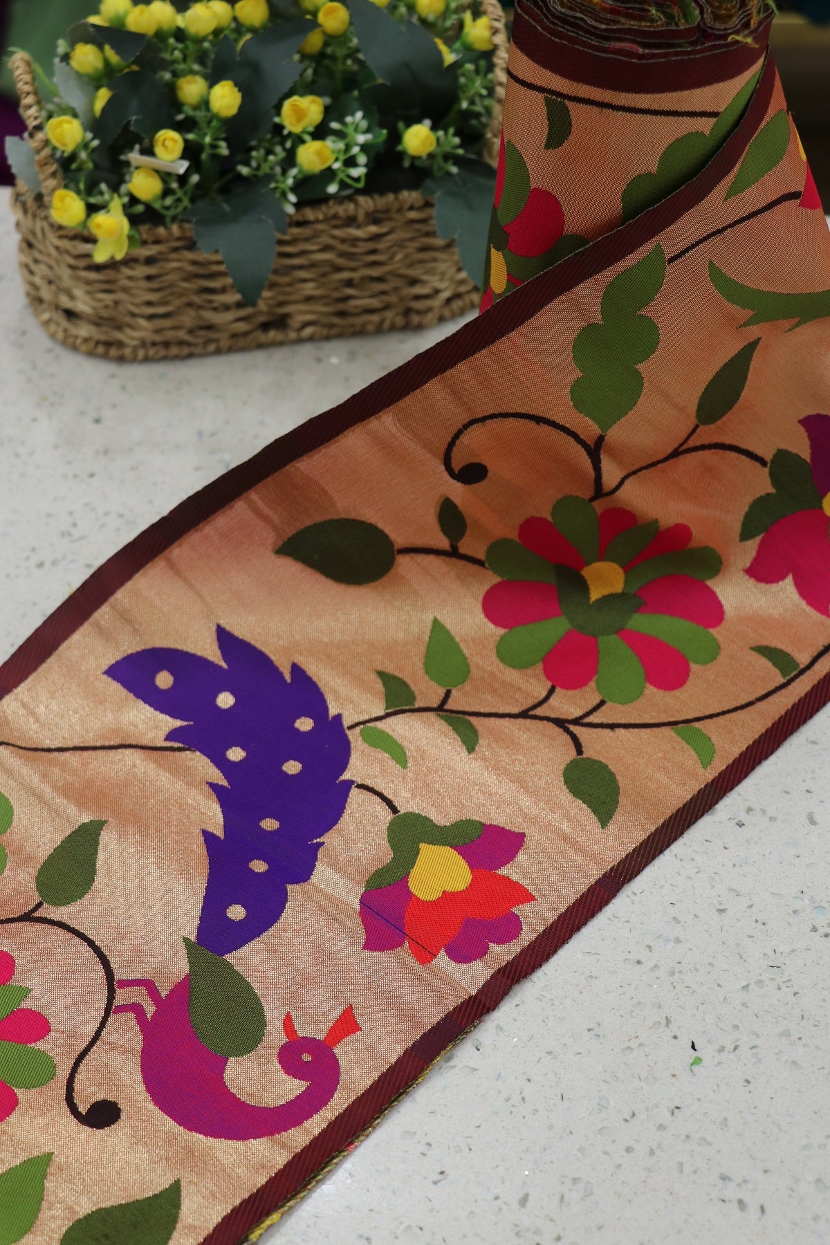 9 Inch Maroon Powerloom Paithani Parrot & Peacock  Floral Border (9 mtrs Bundle)