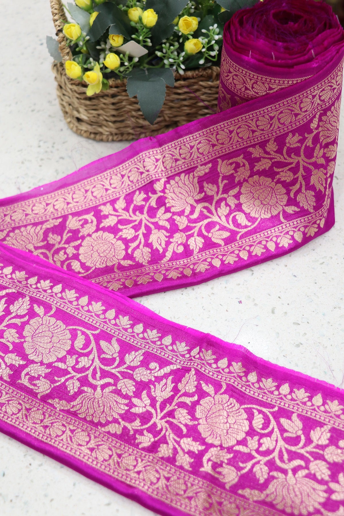 5 Inches Pure Banaras Magenta Chiniya Silk Zari Woven Border (9 Mtrs Bundle)