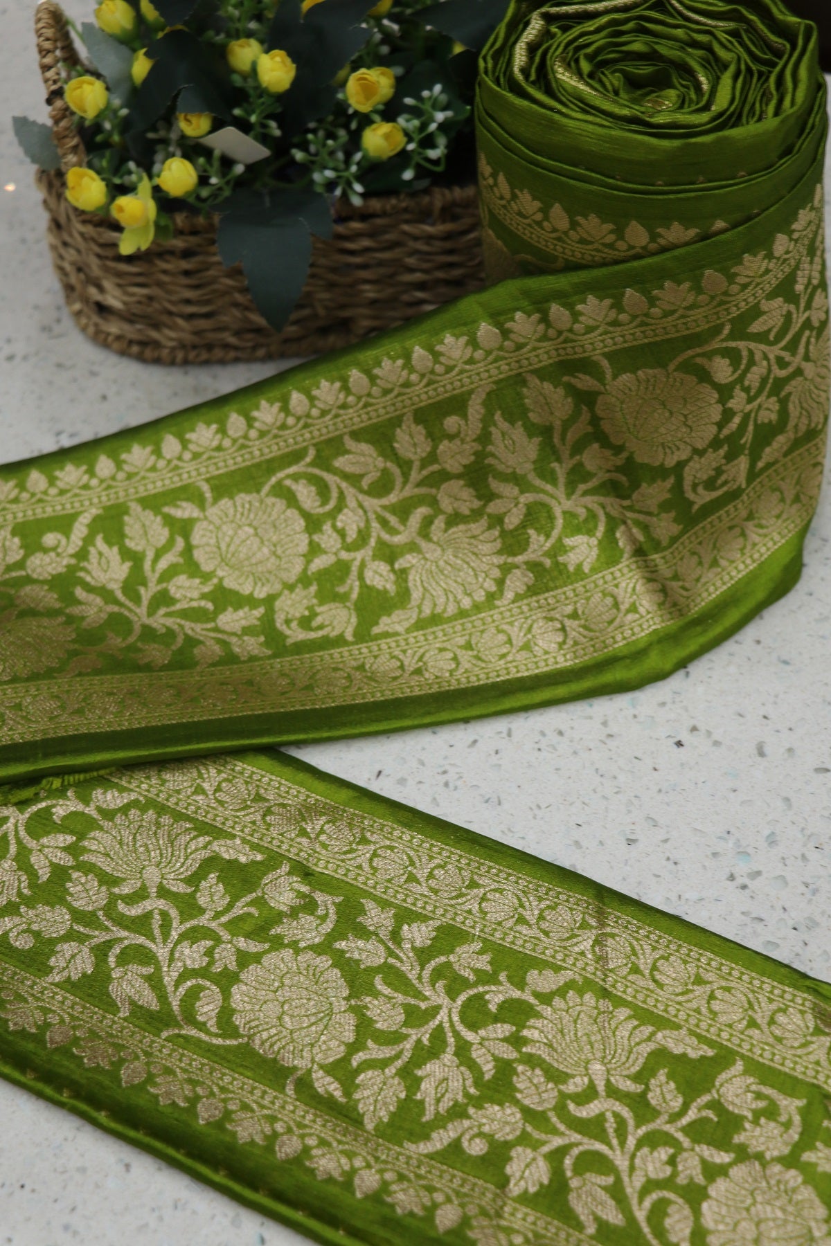 5 Inches Pure Banaras Mehandi Green Chiniya Silk Zari Woven Border (9 Mtrs Bundle)